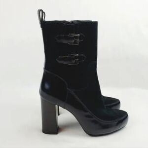 Tod's black suede leather chunky heel boots